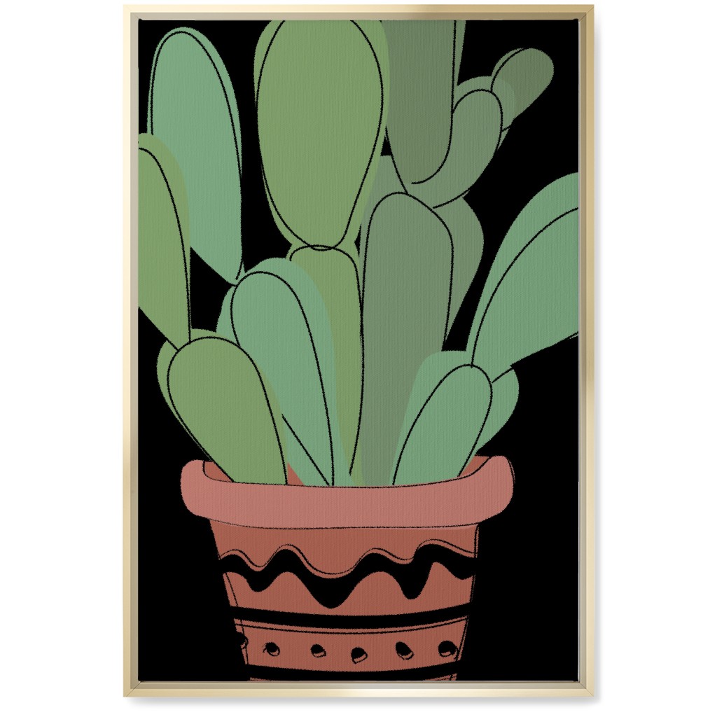Potted Prickly Pear Cactus - Green and Black Wall Art, Gold, Single piece, Canvas, 20x30, Green