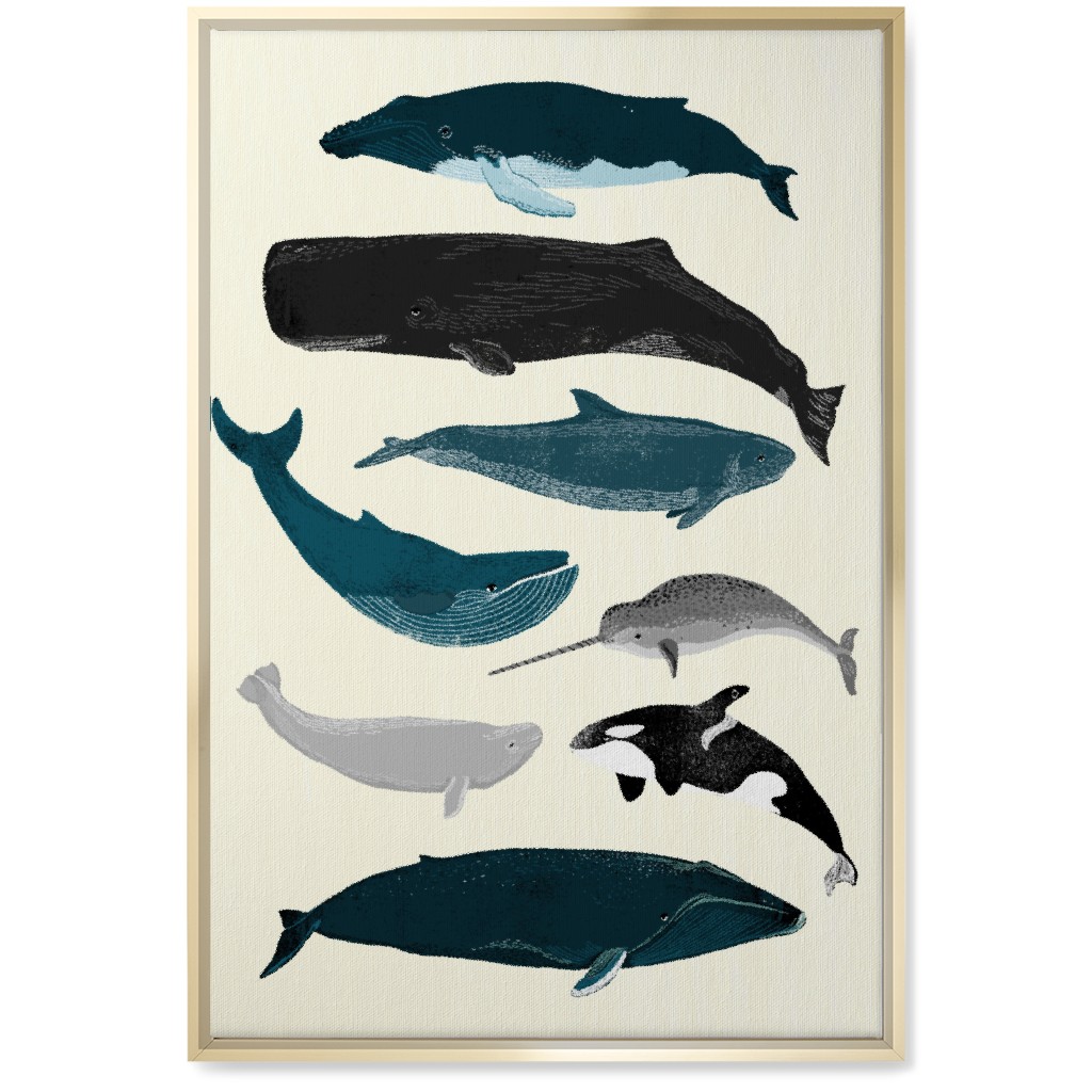 Ocean Whales on White Wall Art, Gold, Single piece, Canvas, 20x30, Blue