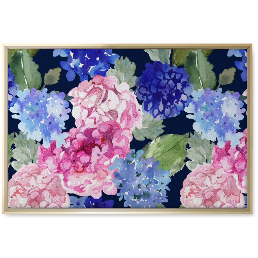 Spring Hydrangea Watercolor - Navy Wall Art, Gold, Single piece, Canvas, 20x30, Multicolor