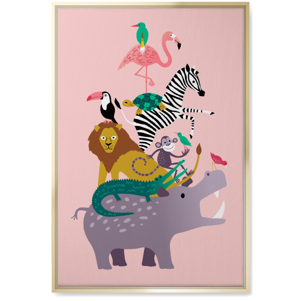 Wild Animal Tower - Pink Wall Art, Gold, Single piece, Canvas, 20x30, Multicolor