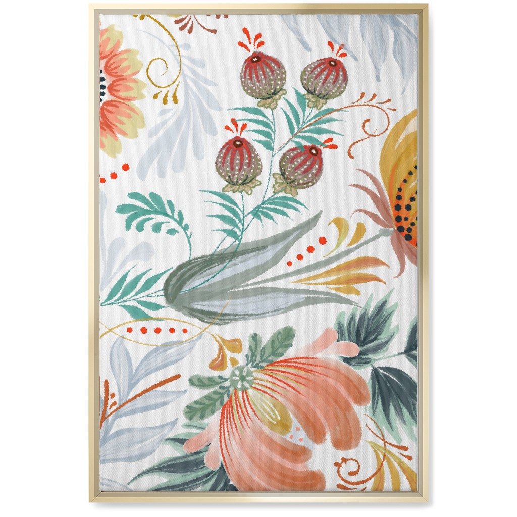 Folksy Floral - Multi on White Wall Art, Gold, Single piece, Canvas, 20x30, Multicolor
