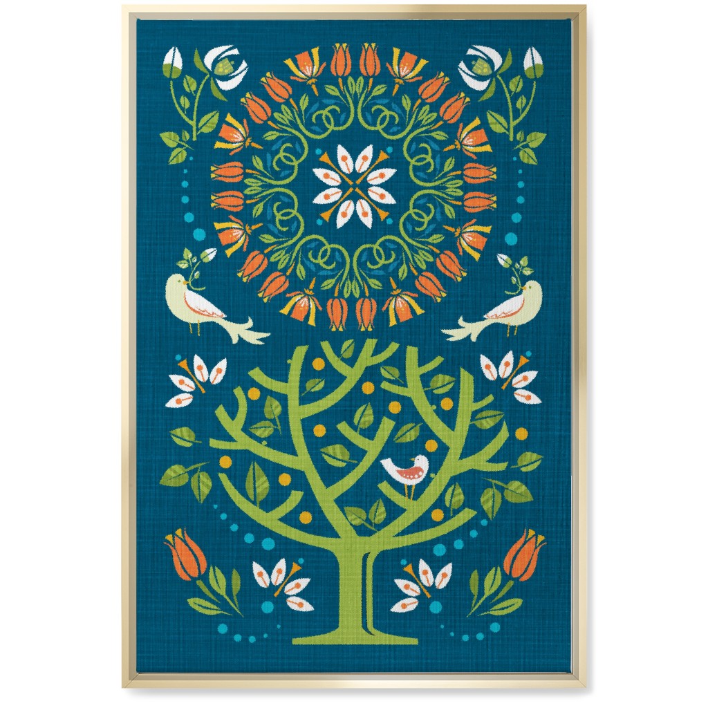 Peaceful Folk Birds Wall Art, Gold, Single piece, Canvas, 20x30, Blue, True Blue
