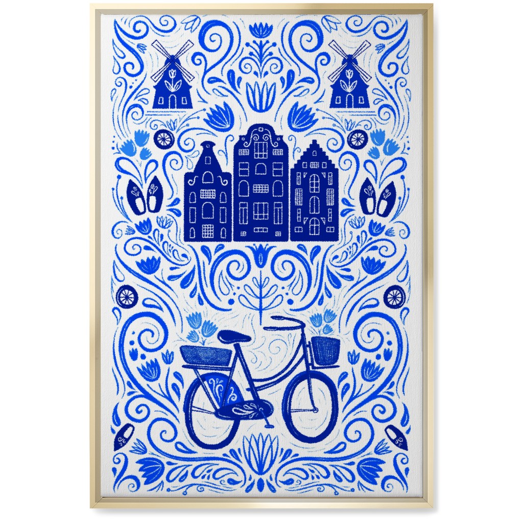 Dutch Bike Folk Art - Blue Wall Art, Gold, Single piece, Canvas, 20x30, Blue