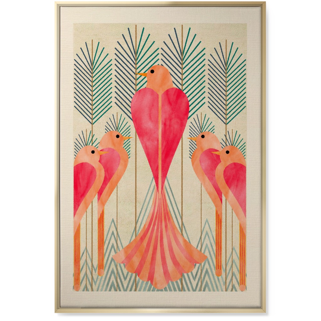 Modern Love Birds in a Pine Forest Wall Art, Gold, Single piece, Canvas, 24x36, Pink, Bright Pink