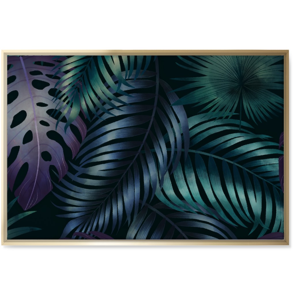 Tropical Leaves in the Moonlight - Dark Wall Art, Gold, Single piece, Canvas, 24x36, Blue, True Blue