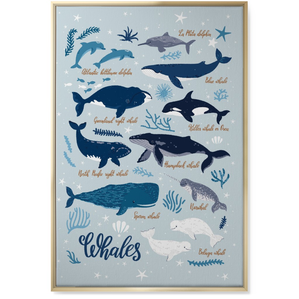 Whales of the Sea - Blue Wall Art, Gold, Single piece, Canvas, 24x36, Blue