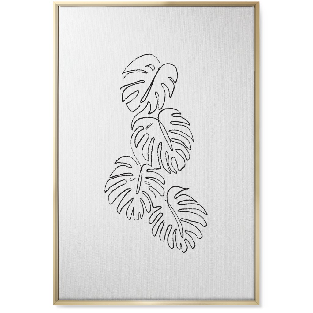 Monstera Leaf Line Art - Black and White Wall Art, Gold, Single piece, Canvas, 24x36, White