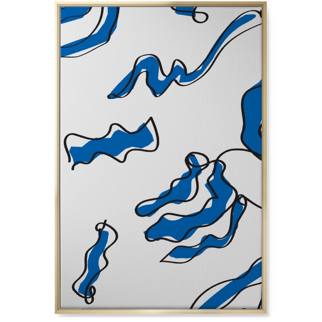 Modern Abstract Line Art Noodles - Blue and Neutral Wall Art, Gold, Single piece, Canvas, 24x36, Blue