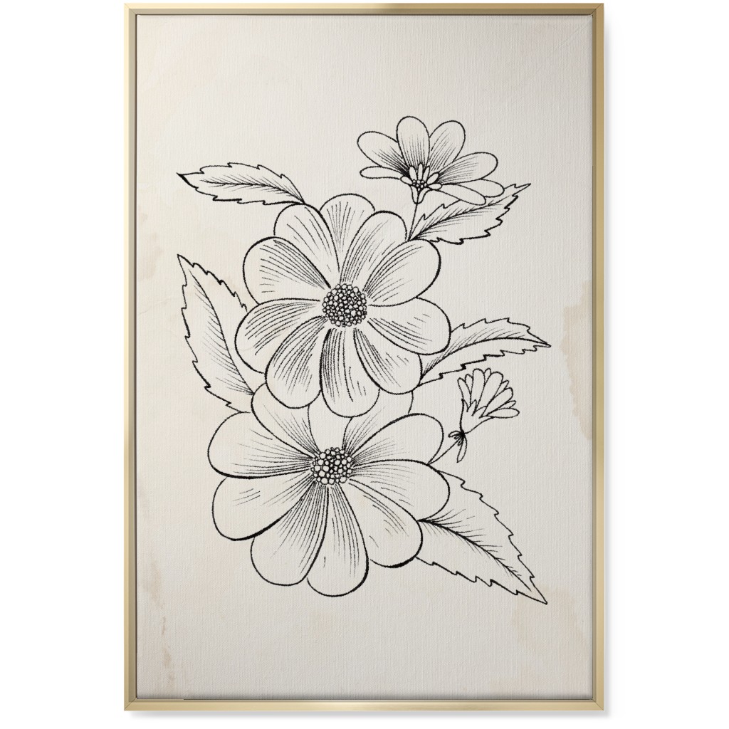 Vintage Flower Sketch - Beige and Black Wall Art, Gold, Single piece, Canvas, 24x36, Beige