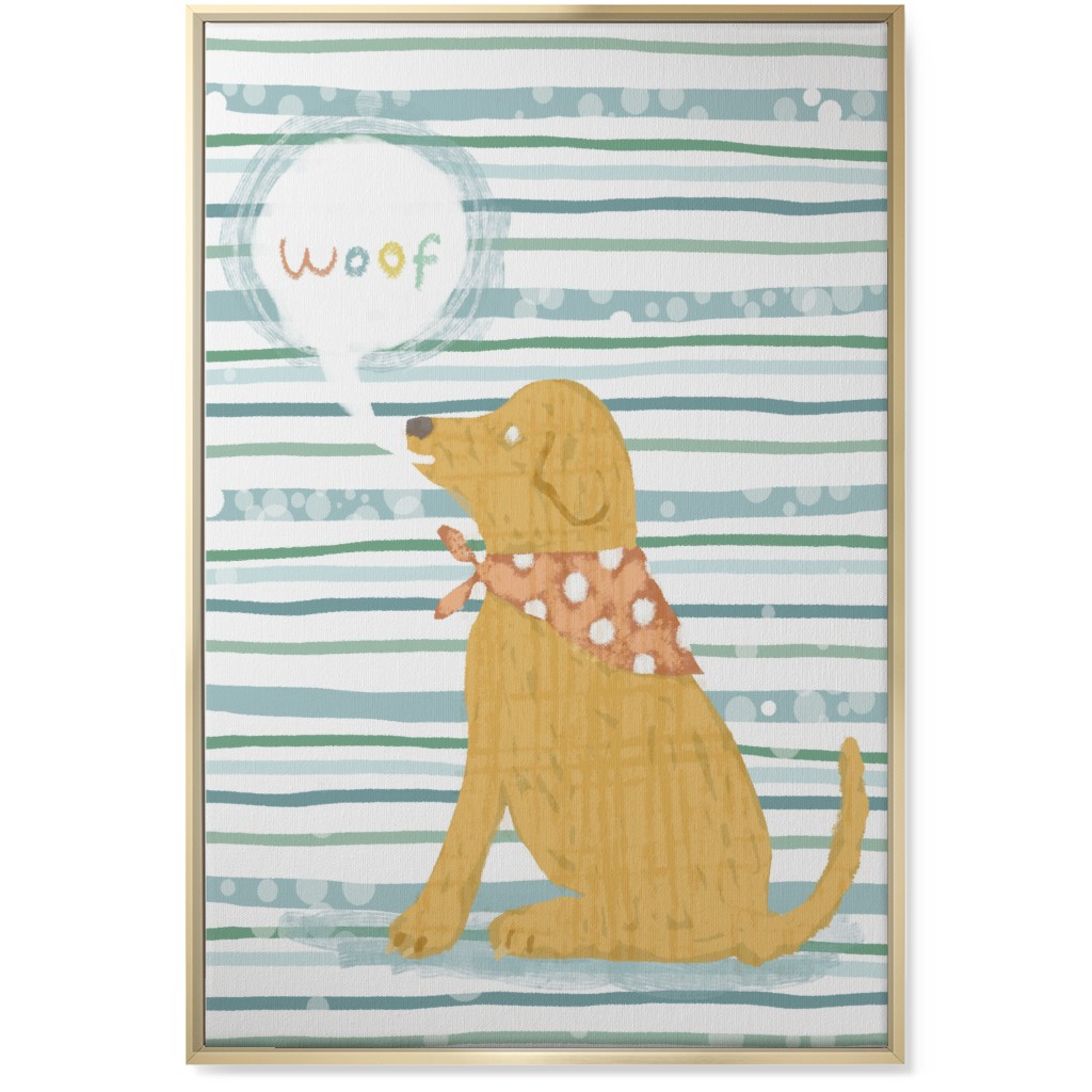 Woof, Dog - Yellow and Blue Wall Art, Gold, Single piece, Canvas, 24x36, Blue, True Blue