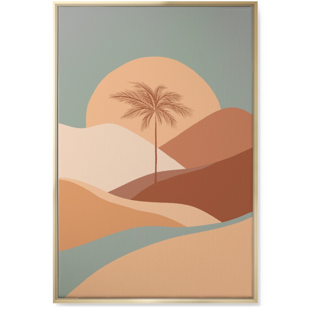 Tropical Boho Palm Sunset - Orange and Blue Wall Art, Gold, Single piece, Canvas, 24x36, Multicolor