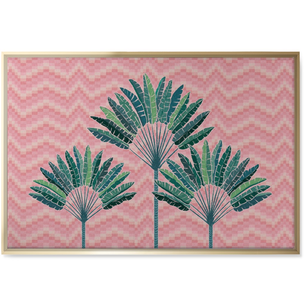 Palms on Wave Grid - Pink Wall Art, Gold, Single piece, Canvas, 24x36, Pink, Bright Pink