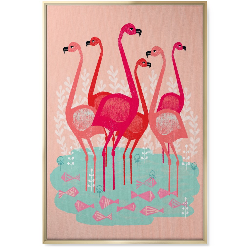 Flamingos & Fish - Pink Wall Art, Gold, Single piece, Canvas, 24x36, Pink, Bright Pink