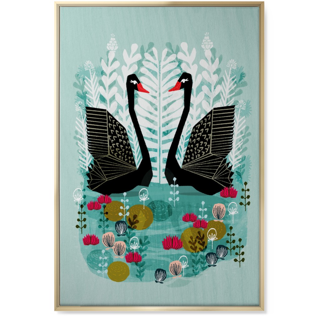 Black Swans - Teal Wall Art, Gold, Single piece, Canvas, 24x36, Multicolor