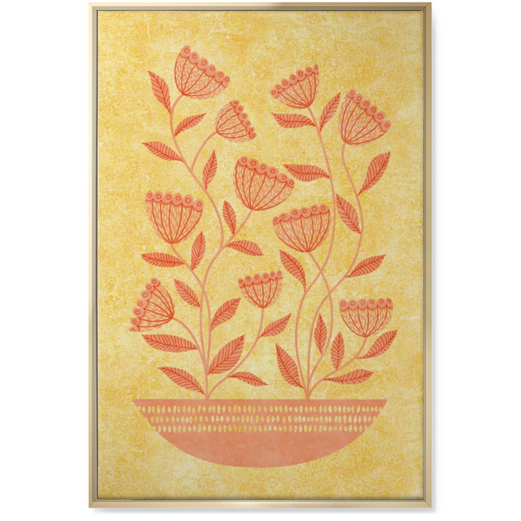 Mid Century Modern Orange Floral on Yellow Wall Art, Gold, Single piece, Canvas, 24x36, Orange, Orange