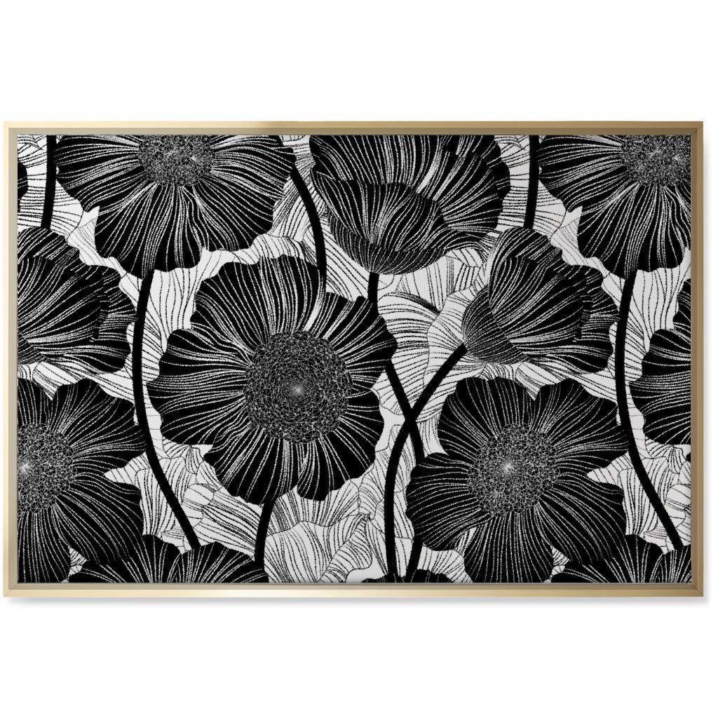Mid Century Modern Floral - Black and White Wall Art, Gold, Single piece, Canvas, 24x36, Black