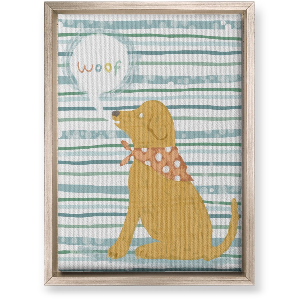 Woof, Dog - Yellow and Blue Wall Art, Metallic, Single piece, Canvas, 10x14, Blue, True Blue