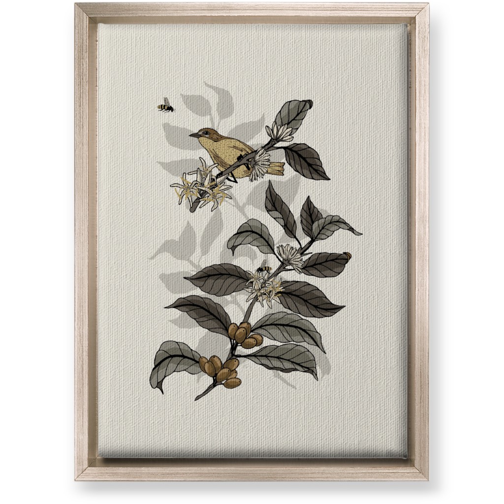 Coffee Plant, Bird, and Bee - Neutral Wall Art, Metallic, Single piece, Canvas, 10x14, Beige, Pearl