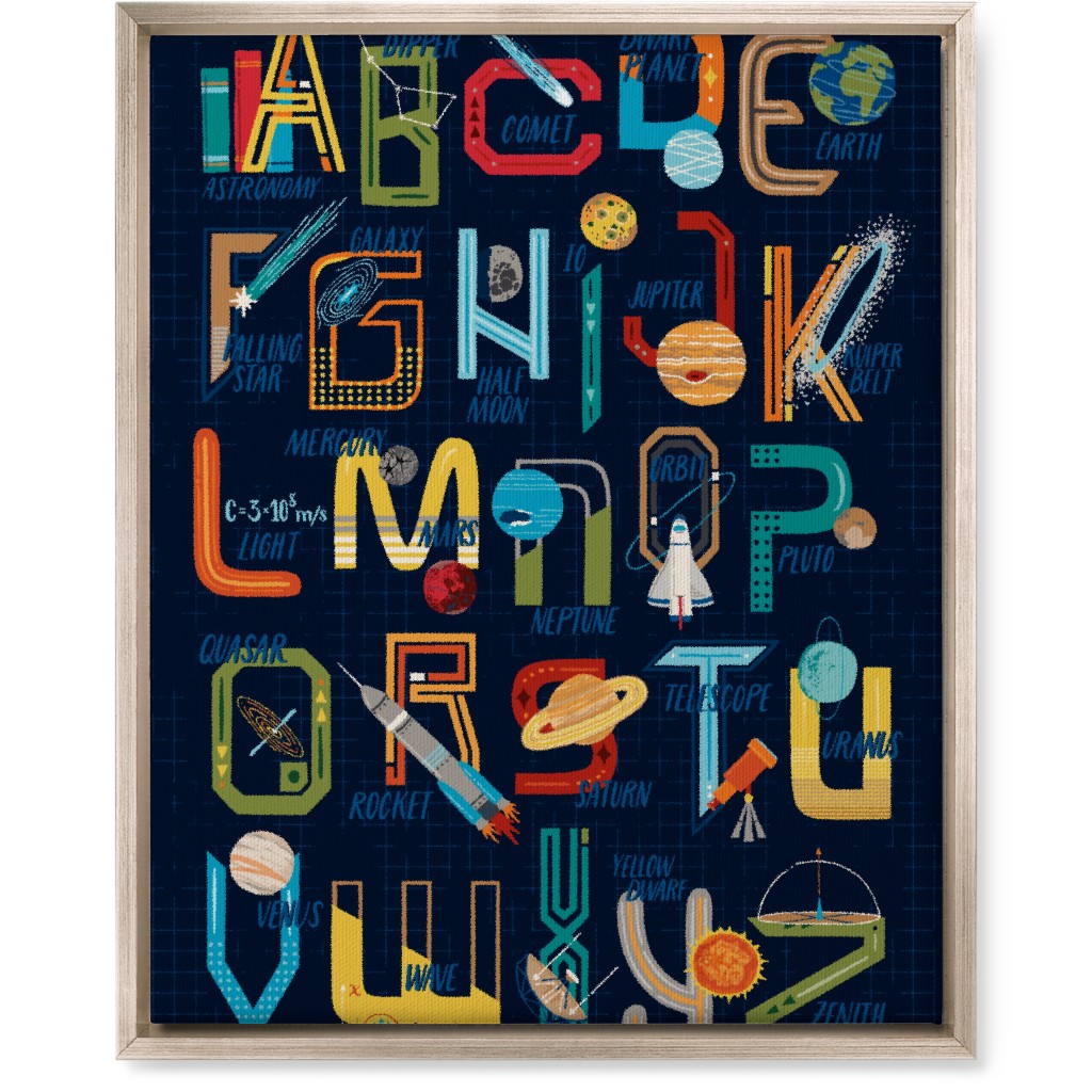 Outer Space Alphabet - Rocket, Planets, Science, Astronomy & Stem Wall Art, Metallic, Single piece, Canvas, 16x20, Multicolor