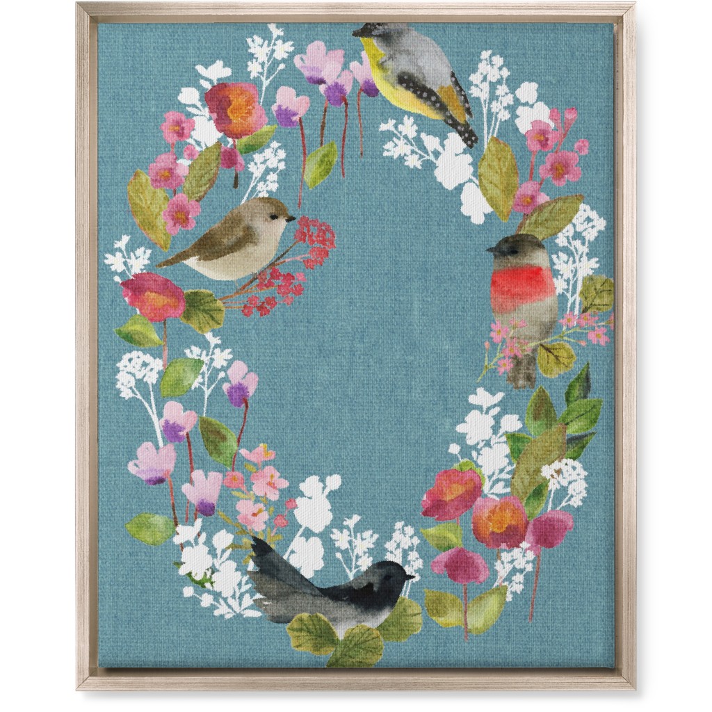 Winter Birds in the Garden Wreath - Blue Wall Art, Metallic, Single piece, Canvas, 16x20, Blue, True Blue