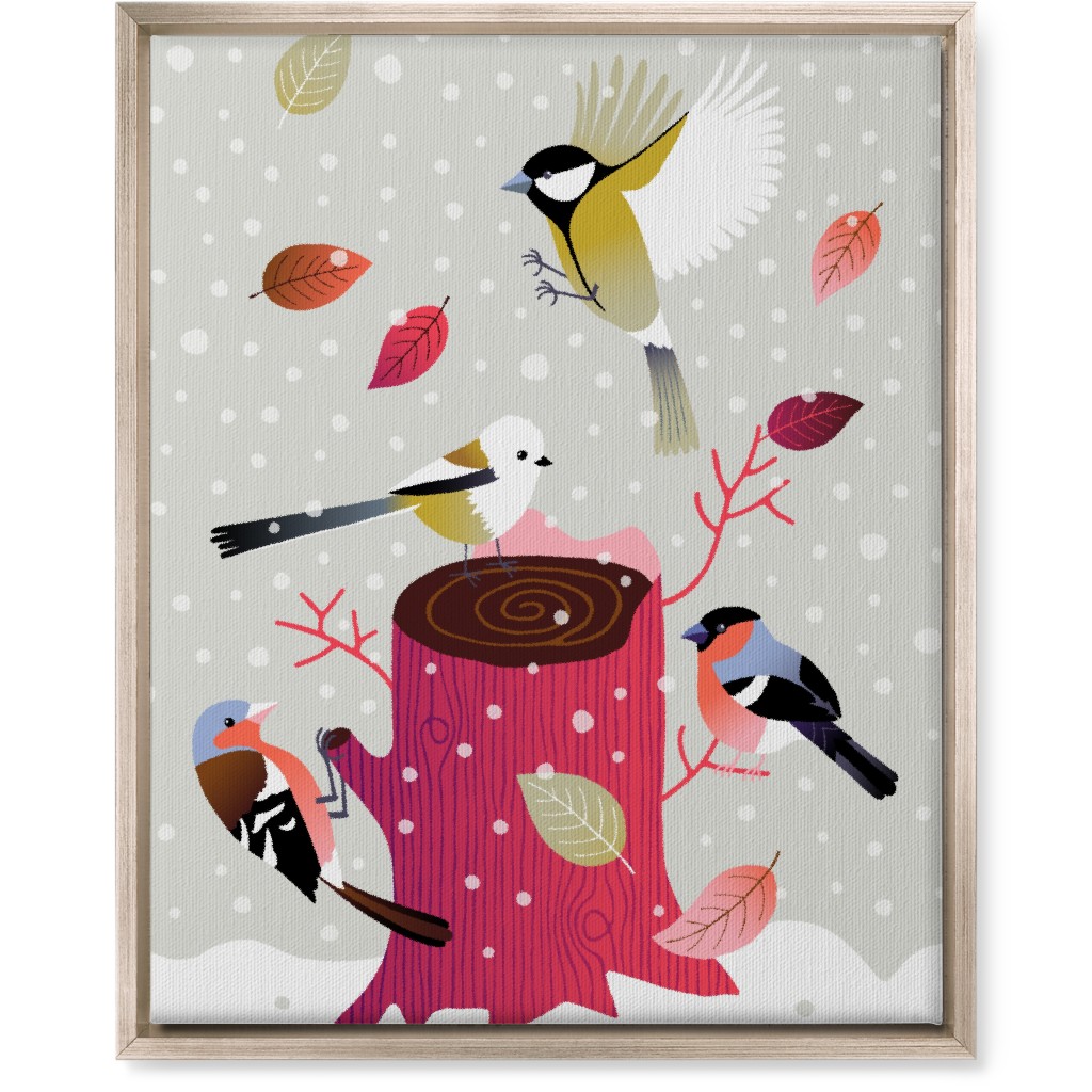 Winter Birds on Tree Stump - Red & Gray Wall Art, Metallic, Single piece, Canvas, 16x20, Multicolor