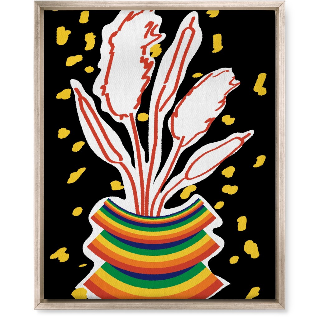 Retro Rainbow Abstract Floral in Vase - Multi on Black Wall Art, Metallic, Single piece, Canvas, 16x20, Multicolor