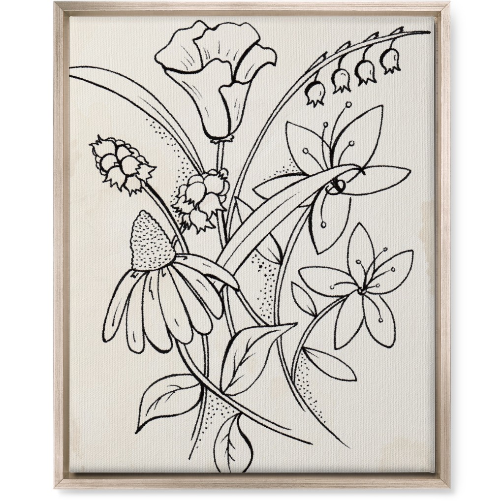 Vintage Wildflower Sketch - Beige and Black Wall Art, Metallic, Single piece, Canvas, 16x20, Beige, Pearl