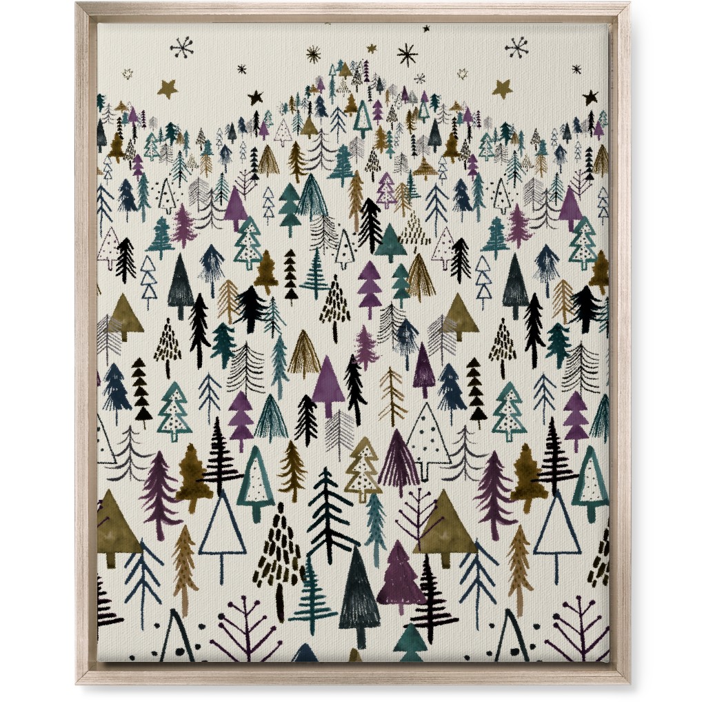 Mountain Trees in the Forest Night - Green and Brown Wall Art, Metallic, Single piece, Canvas, 16x20, Green