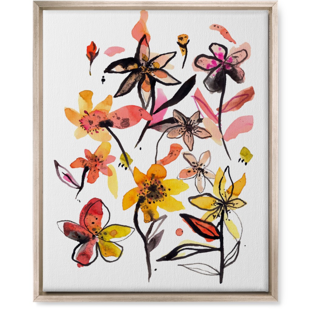 Ink Summer Floral - Pink and Yellow Wall Art, Metallic, Single piece, Canvas, 16x20, Pink
