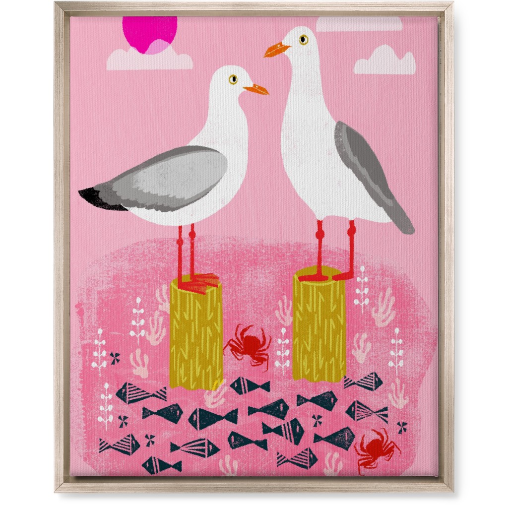 Perched Seagulls - Pink Wall Art, Metallic, Single piece, Canvas, 16x20, Pink, Bright Pink