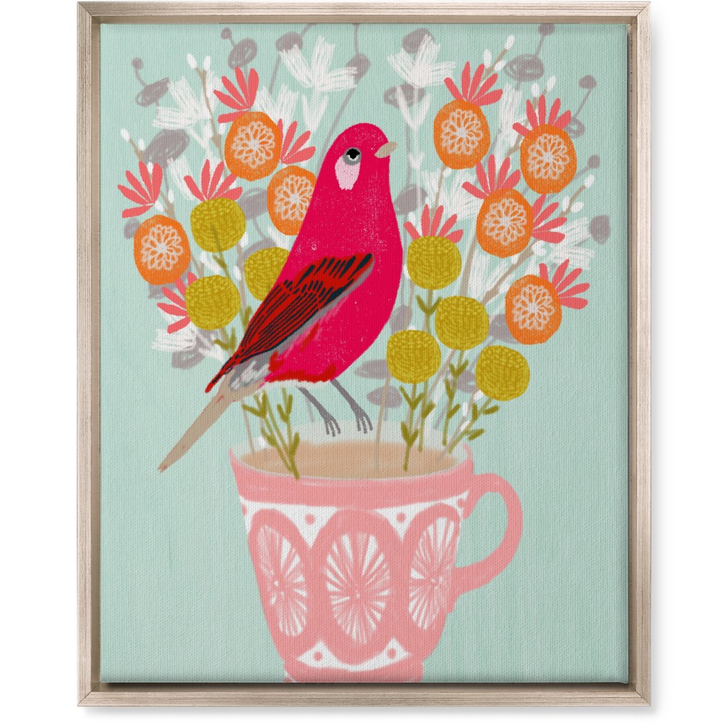 Red Bird on Teacup Bouquet Wall Art, Metallic, Single piece, Canvas, 16x20, Multicolor