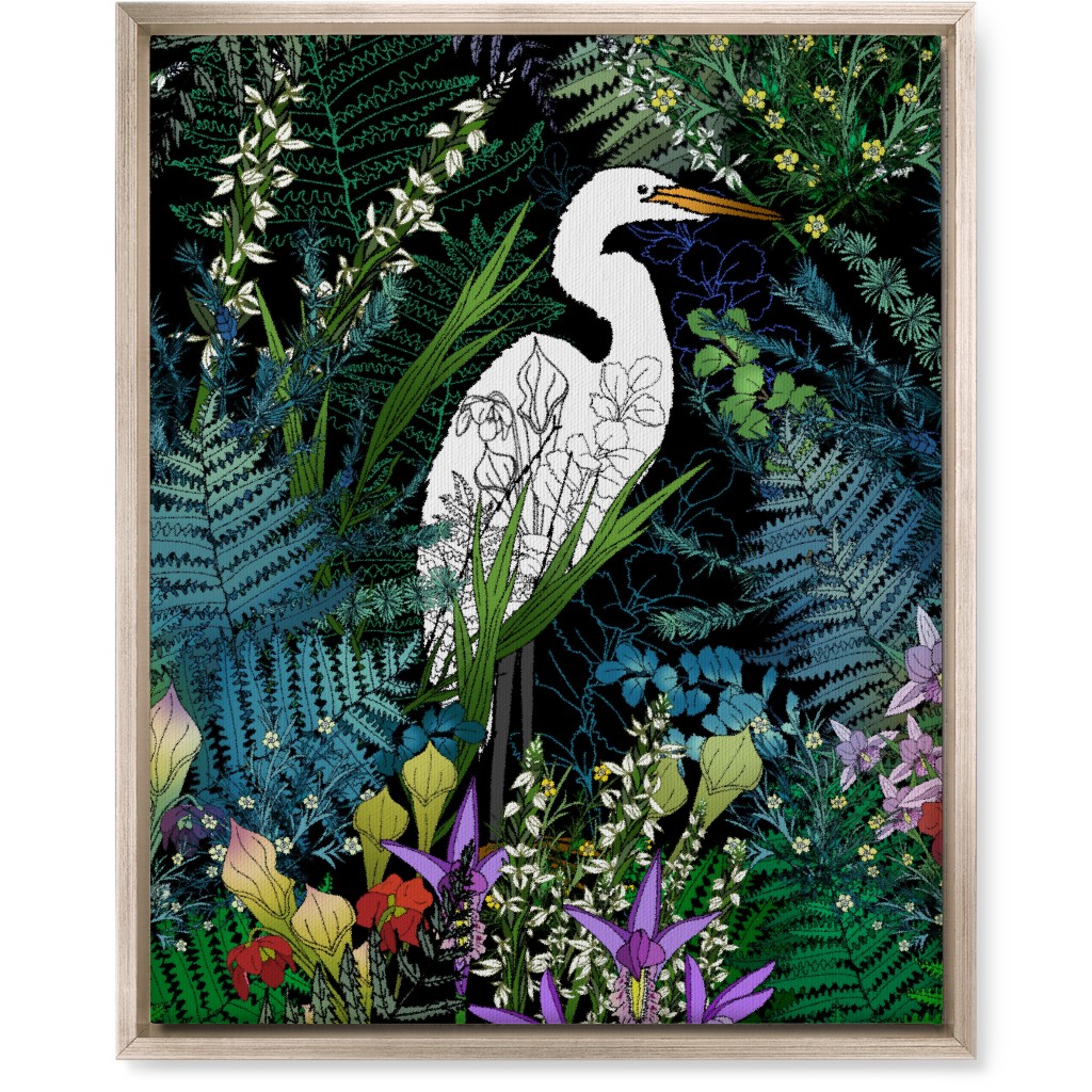 Egret in an Evening Water Garden - Multi Wall Art, Metallic, Single piece, Canvas, 16x20, Multicolor