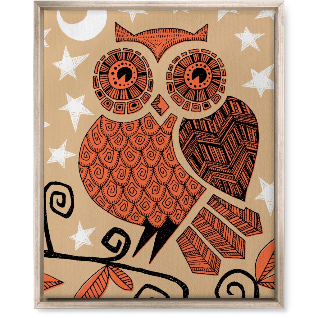 Owl Under the Moon - Orange & Brown Wall Art, Metallic, Single piece, Canvas, 16x20, Orange
