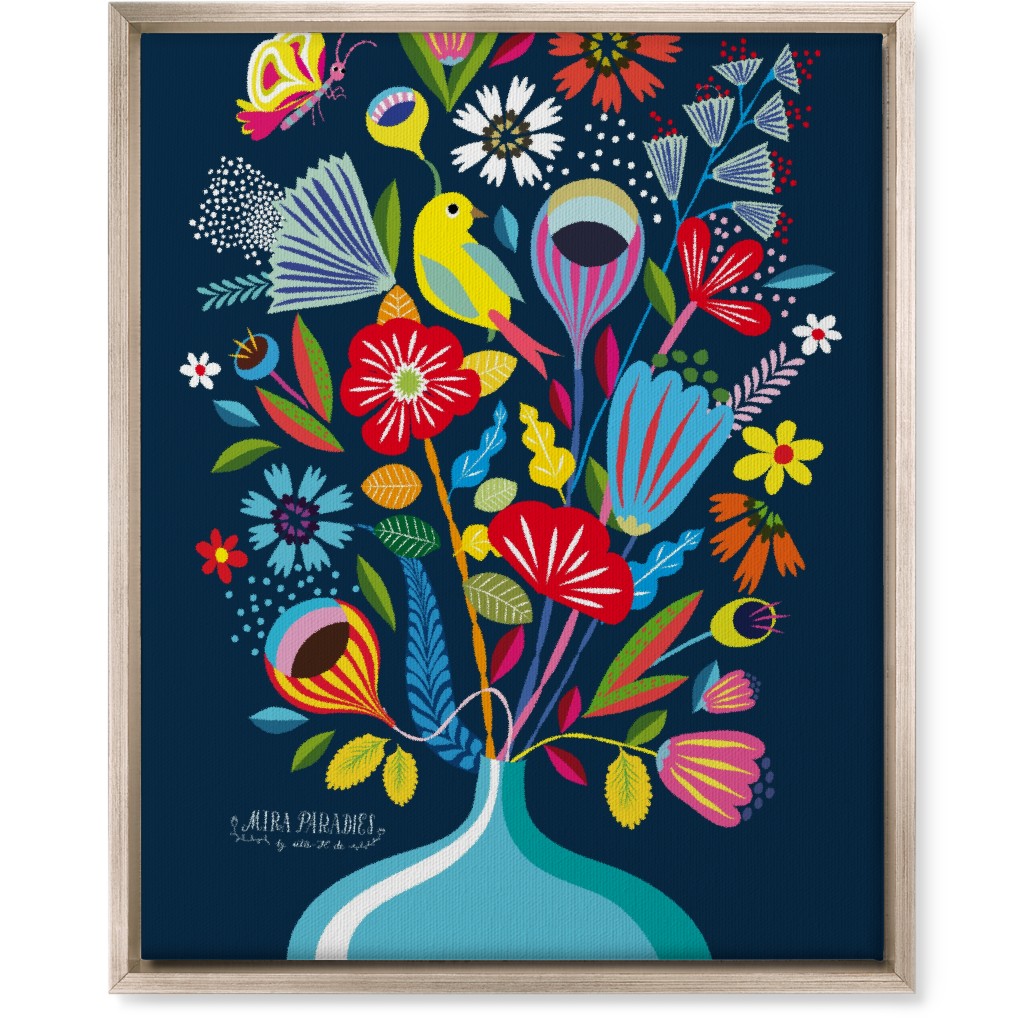 Folk Art Bouquet - Multi on Navy Wall Art, Metallic, Single piece, Canvas, 16x20, Multicolor