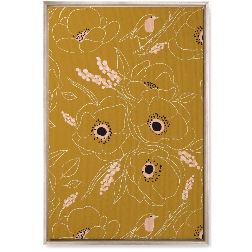 Freehand Robin & Winter Blooms - Gold Wall Art, Metallic, Single piece, Canvas, 20x30, Yellow