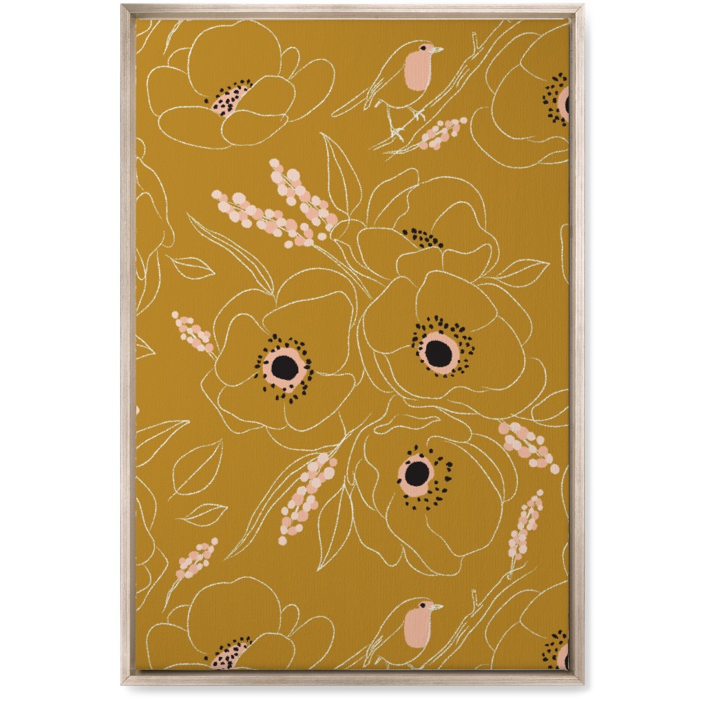 Freehand Robin & Winter Blooms - Gold Wall Art, Metallic, Single piece, Canvas, 20x30, Yellow, Classic Yellow