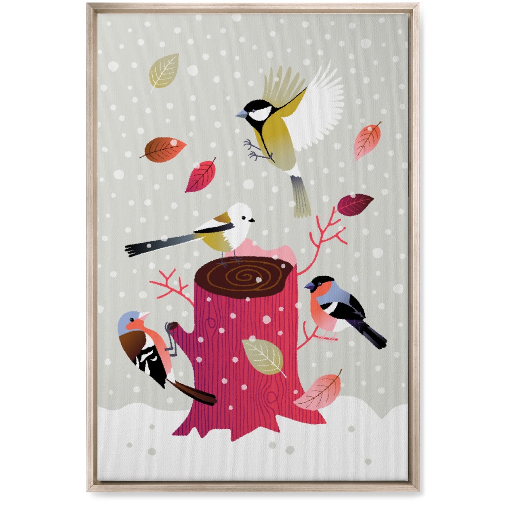 Winter Birds on Tree Stump - Red & Gray Wall Art, Metallic, Single piece, Canvas, 20x30, Multicolor
