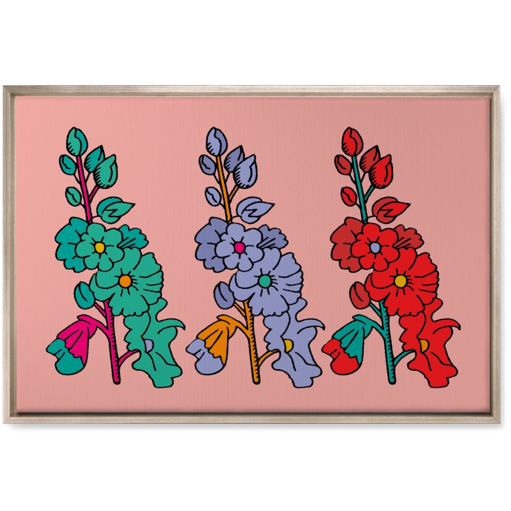 Row of Colorful Hollyhocks - Multi on Pink Wall Art, Metallic, Single piece, Canvas, 20x30, Multicolor