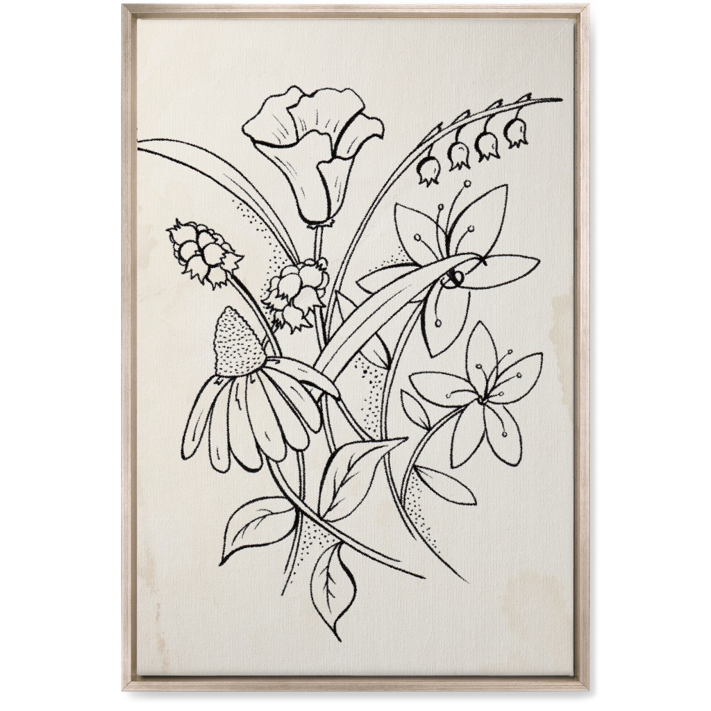 Vintage Wildflower Sketch - Beige and Black Wall Art, Metallic, Single piece, Canvas, 20x30, Beige, Pearl