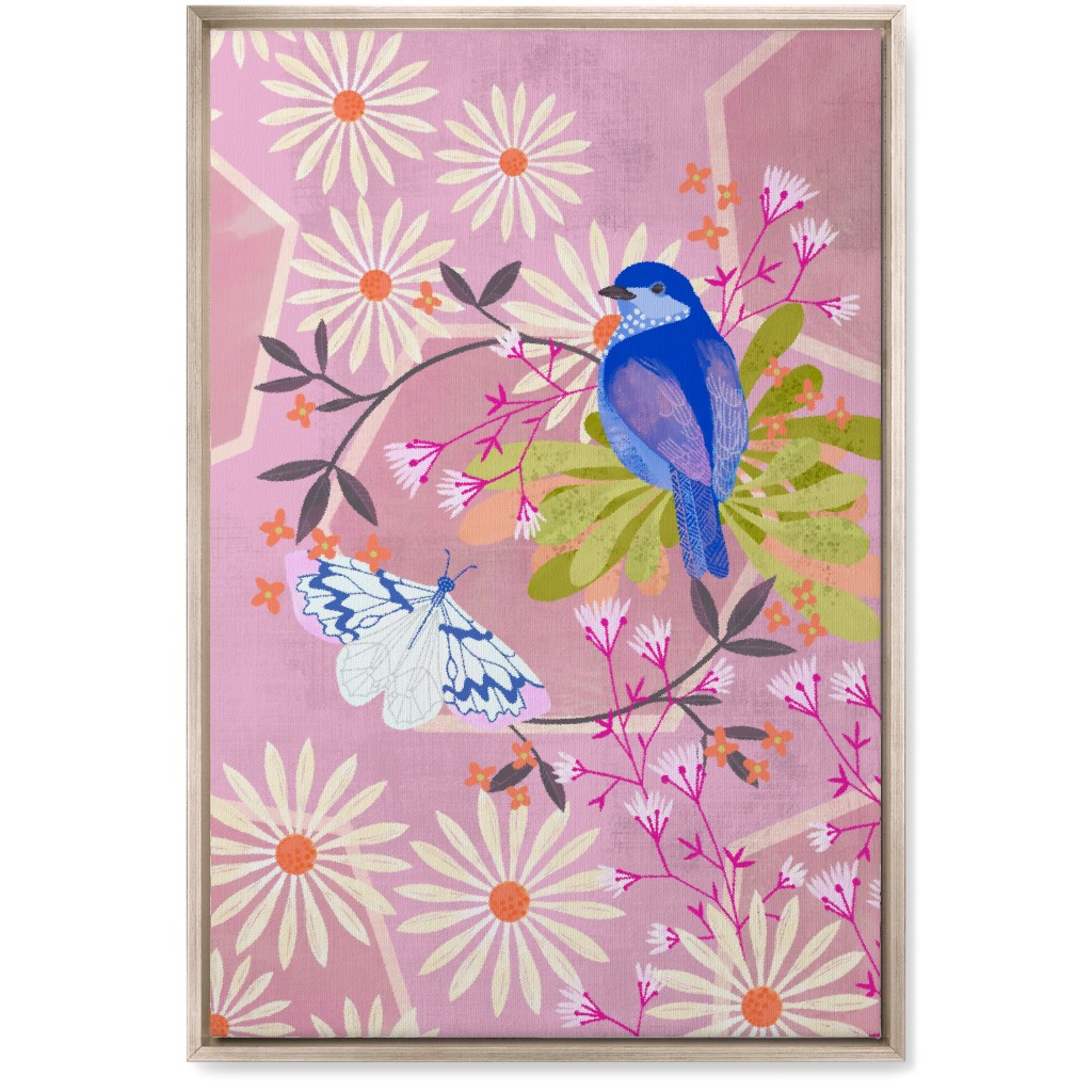 Birds and Butterfly - Pink Wall Art, Metallic, Single piece, Canvas, 20x30, Pink, Bright Pink
