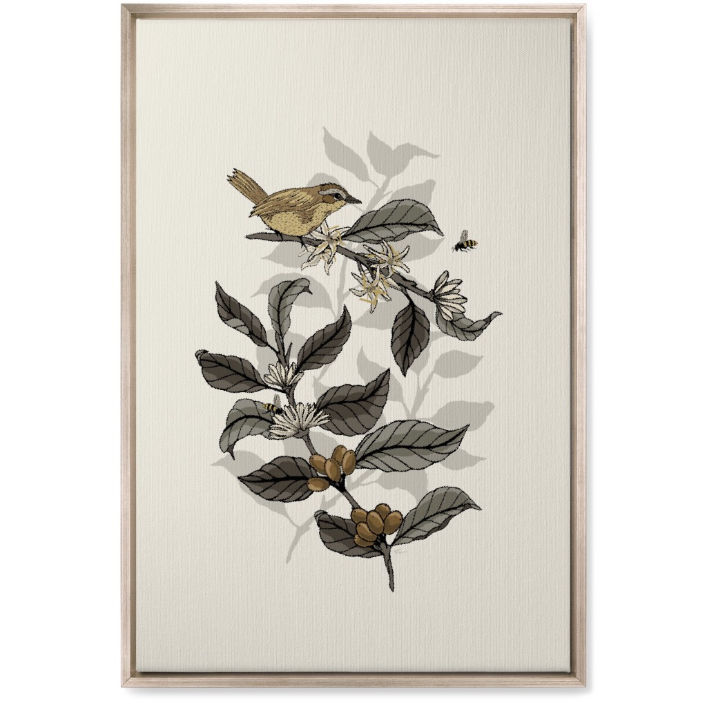 Bee, Bird and Coffee Plant - Neutral Wall Art, Metallic, Single piece, Canvas, 20x30, Beige