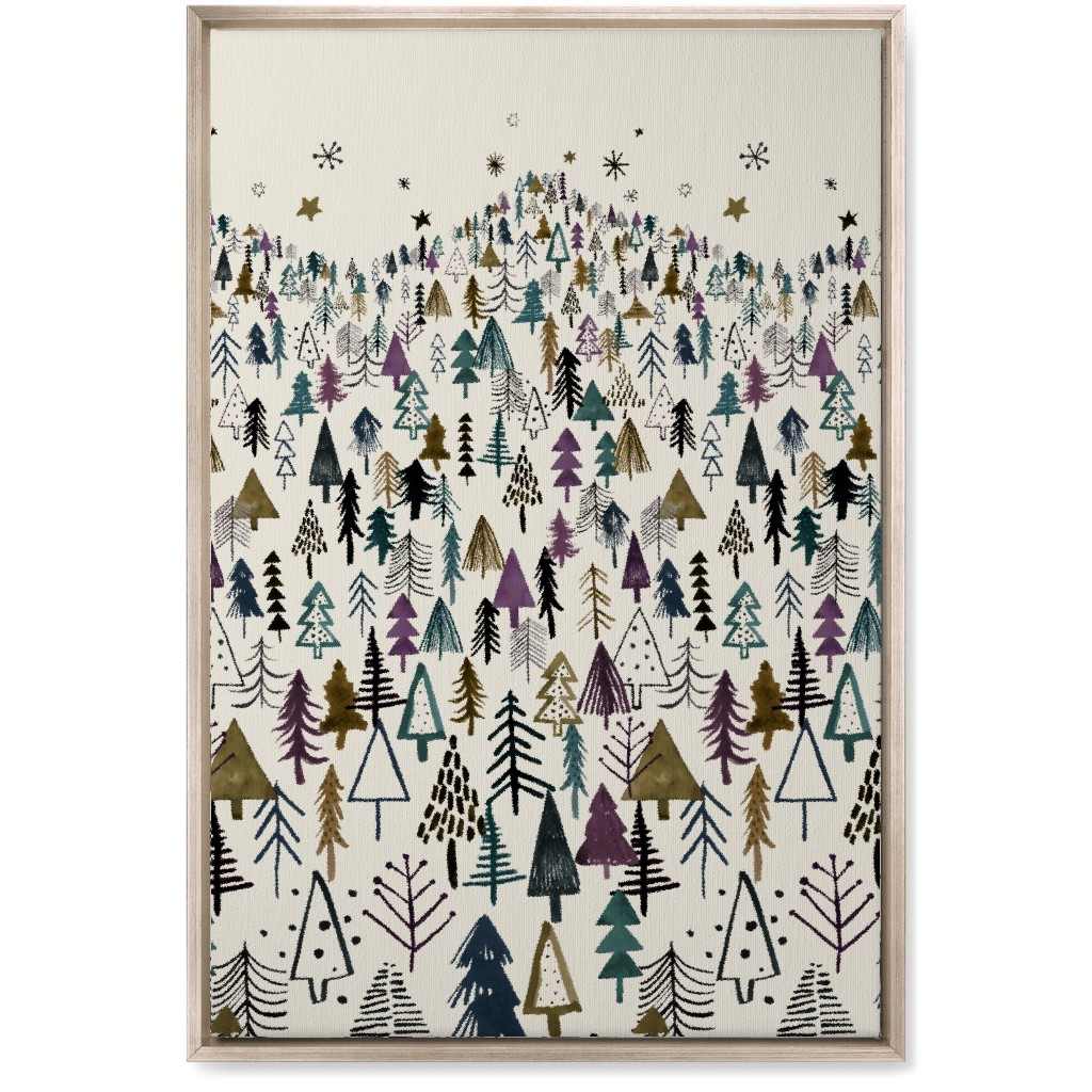 Mountain Trees in the Forest Night - Green and Brown Wall Art, Metallic, Single piece, Canvas, 20x30, Green