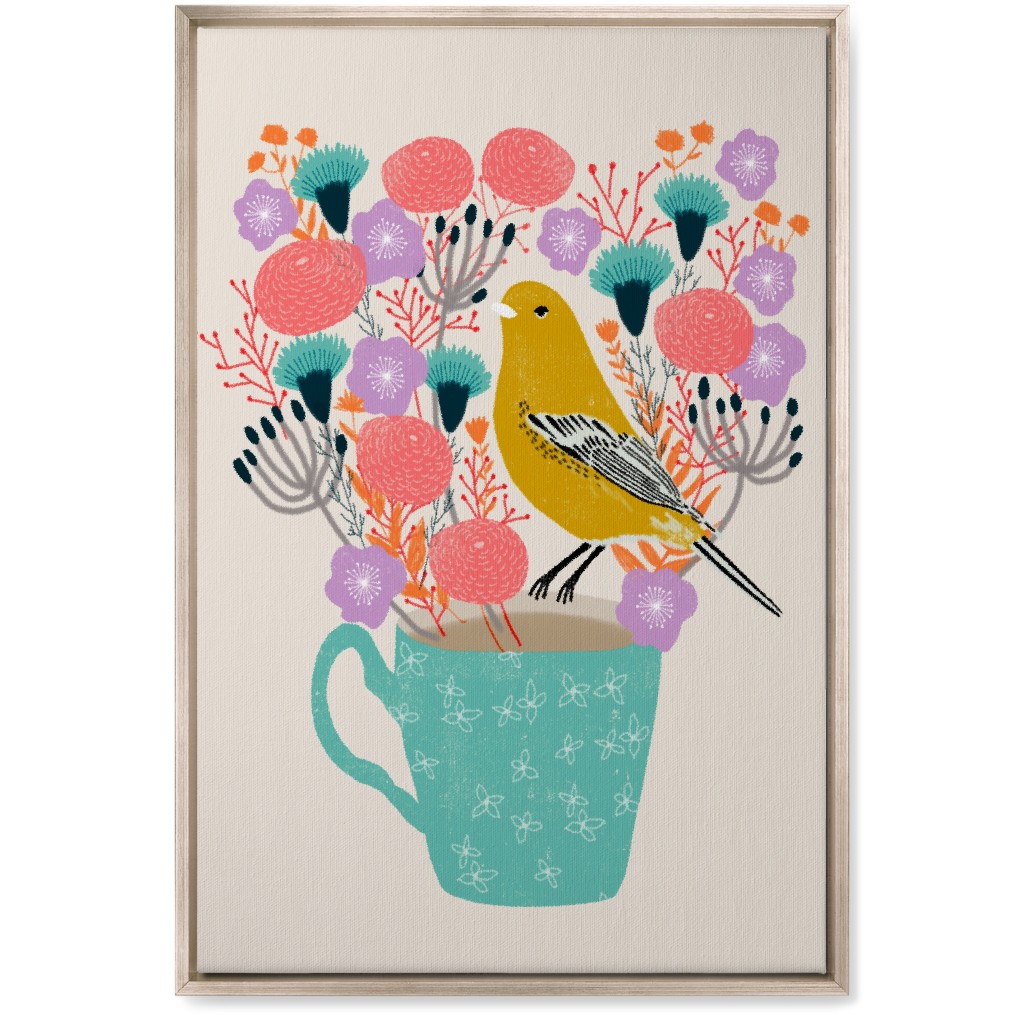 Yellow Bird on Teacup Bouquet Wall Art, Metallic, Single piece, Canvas, 20x30, Multicolor