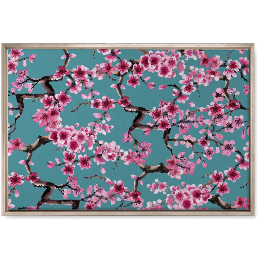 Sakura - Pink on Turquoise Wall Art, Metallic, Single piece, Canvas, 20x30, Blue, True Blue