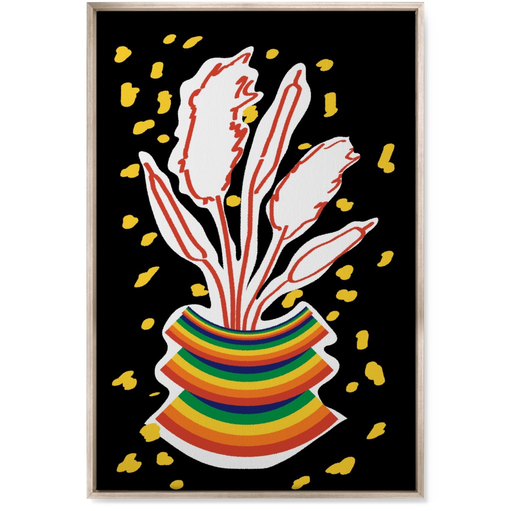 Retro Rainbow Abstract Floral in Vase - Multi on Black Wall Art, Metallic, Single piece, Canvas, 24x36, Multicolor