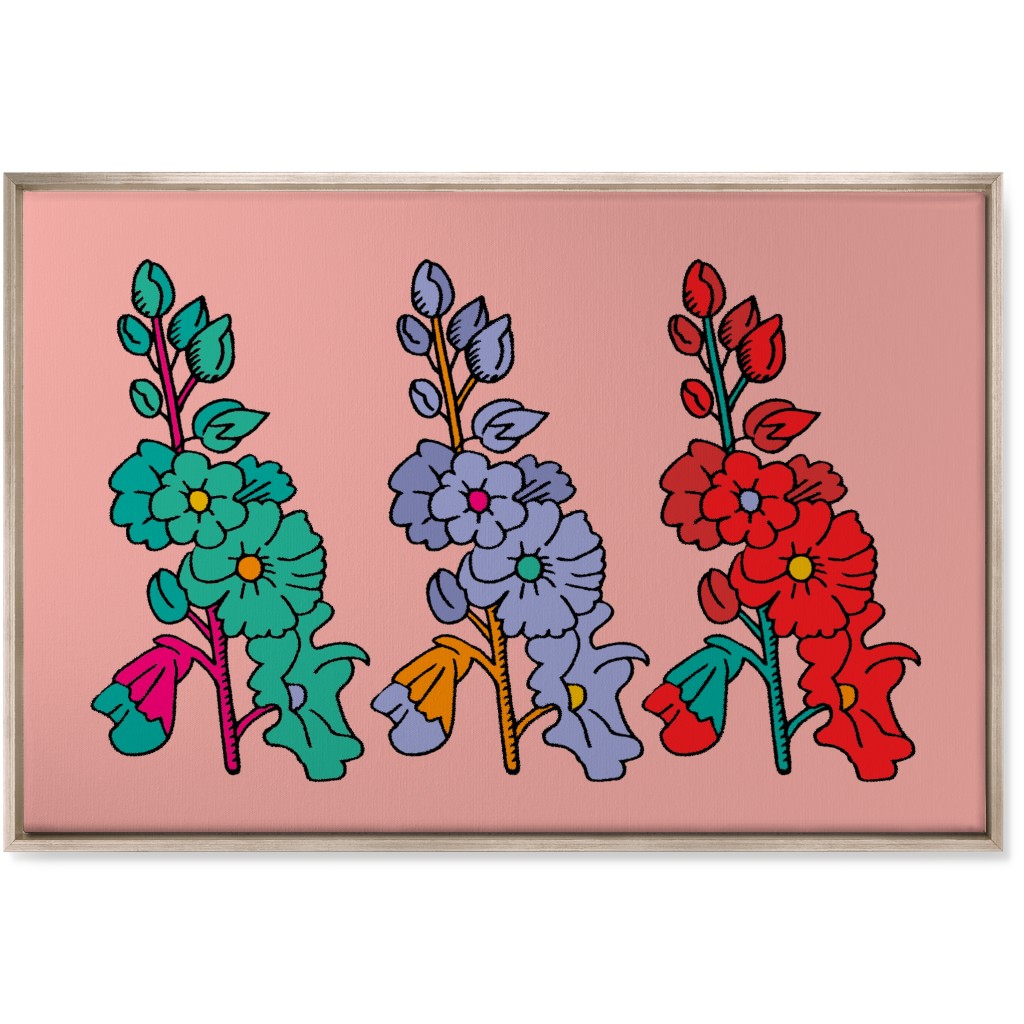 Row of Colorful Hollyhocks - Multi on Pink Wall Art, Metallic, Single piece, Canvas, 24x36, Multicolor