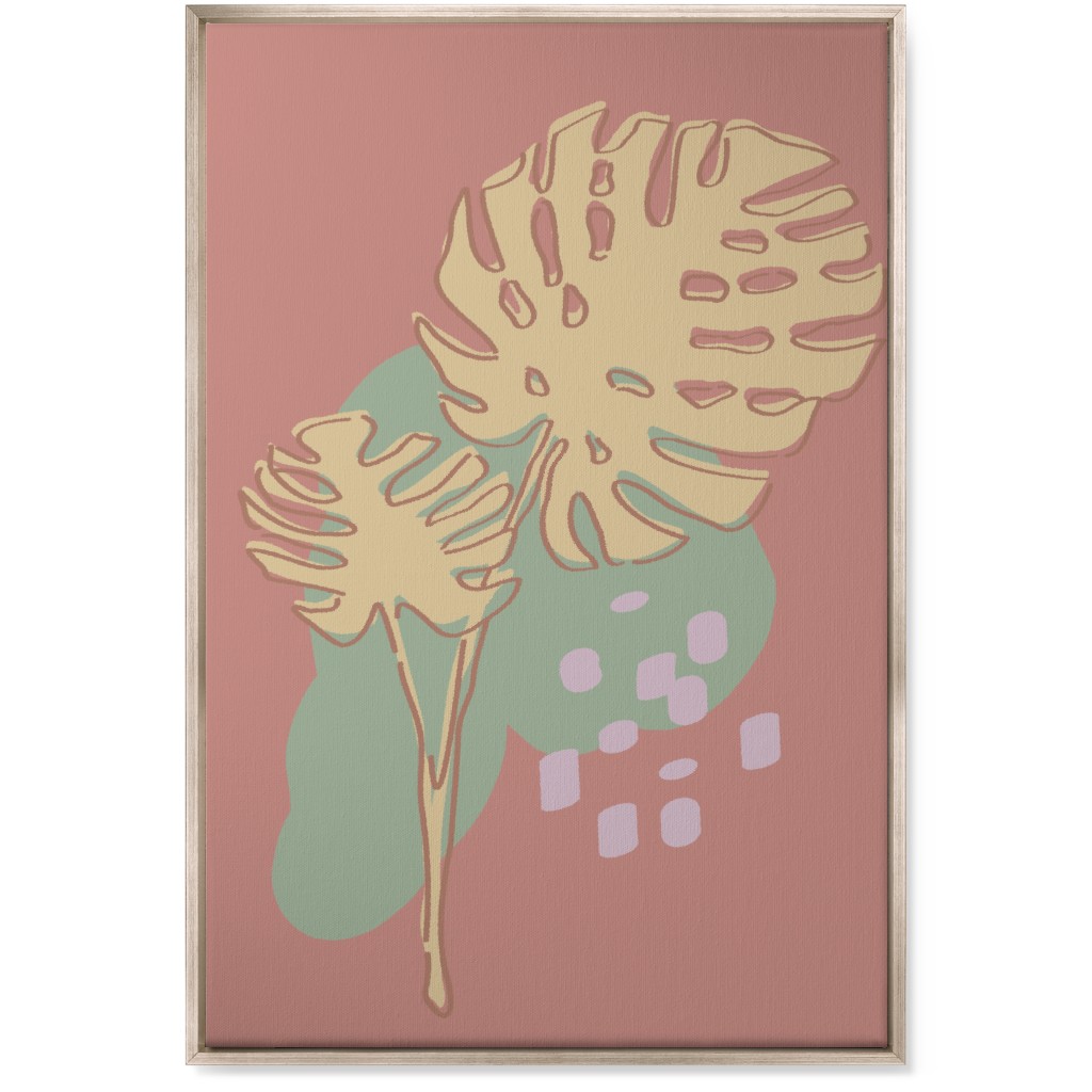 Modern Monstera Leaf - Pink Wall Art, Metallic, Single piece, Canvas, 24x36, Brown
