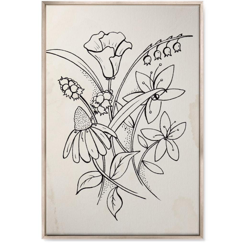Vintage Wildflower Sketch - Beige and Black Wall Art, Metallic, Single piece, Canvas, 24x36, Beige