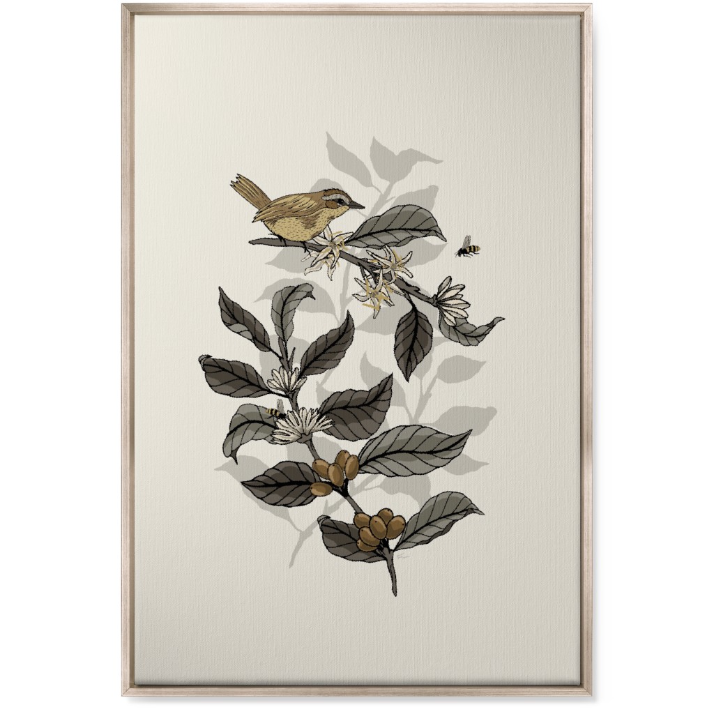 Bee, Bird and Coffee Plant - Neutral Wall Art, Metallic, Single piece, Canvas, 24x36, Beige