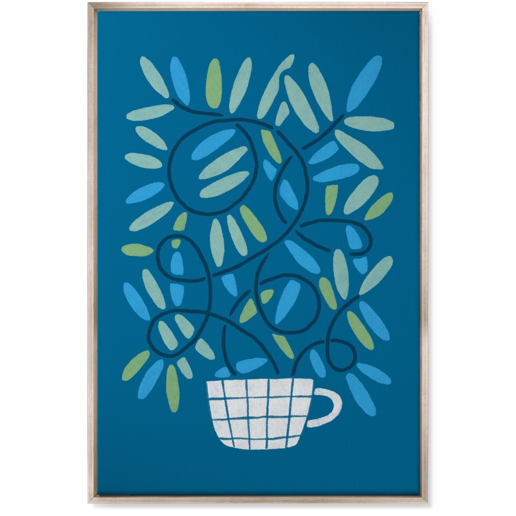 Cup and Plants Wall Art, Metallic, Single piece, Canvas, 24x36, Blue